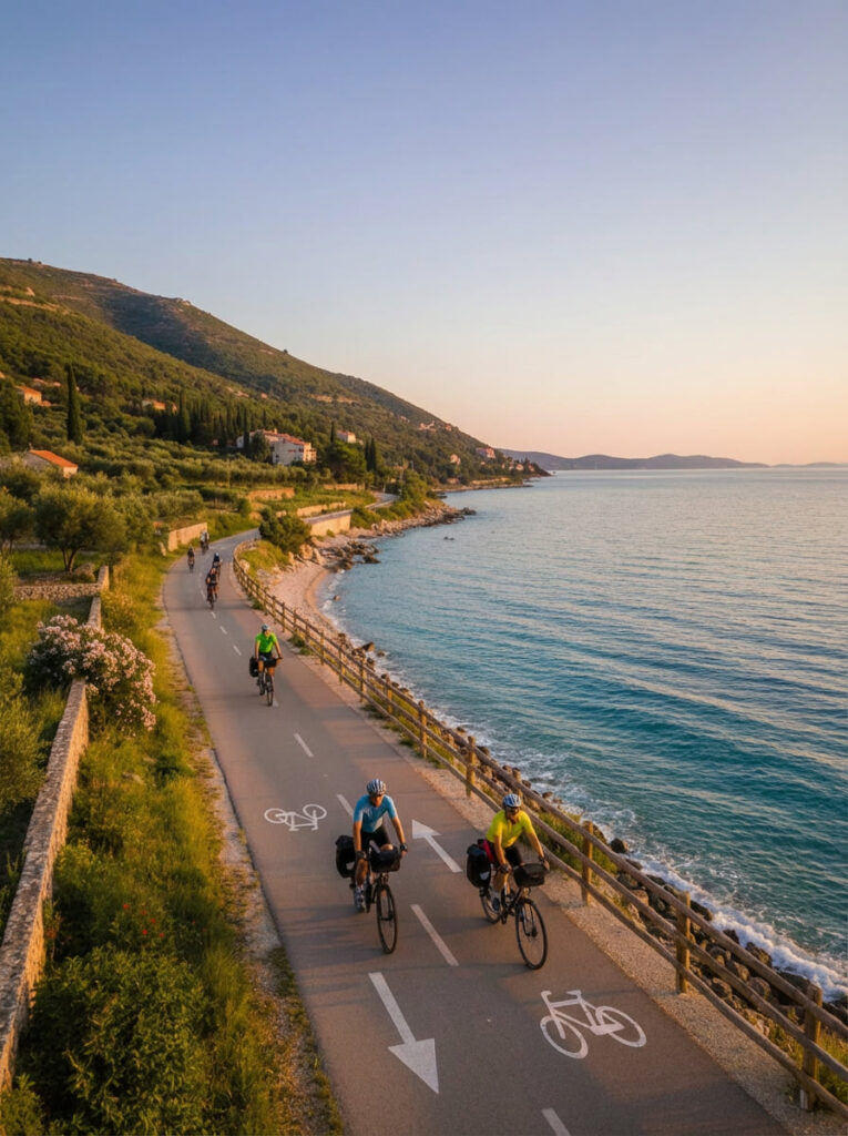 Ciclisti su pista ciclabile costiera al tramonto vicino al mare