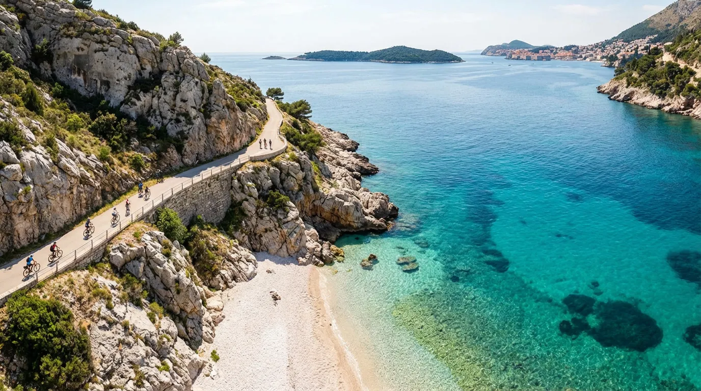 Ciclisti su strada costiera rocciosa con mare turchese a Dubrovnik