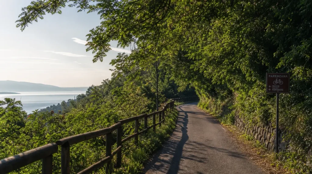 Ciclabile Parenzana immersa nella vegetazione con vista sul golfo di Trieste e cartello segnaletico