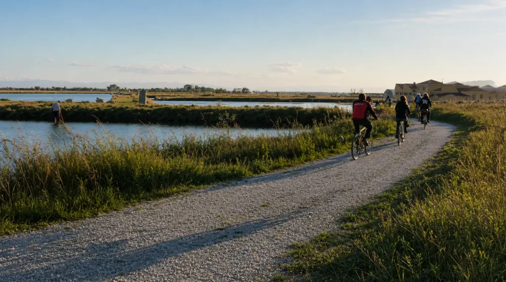 Gruppo di cicloturisti pedala su sterrato tra le lagune salmastre al tramonto lungo la Ciclovia Adriatica