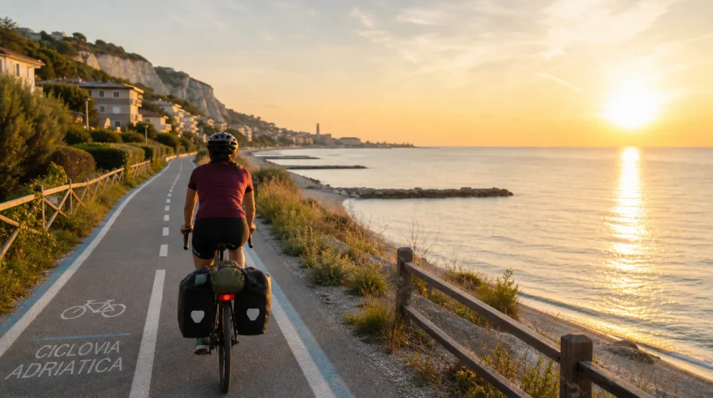 Cicloturista con borse laterali pedala al tramonto sulla ciclabile segnalata Ciclovia Adriatica lungo la costa