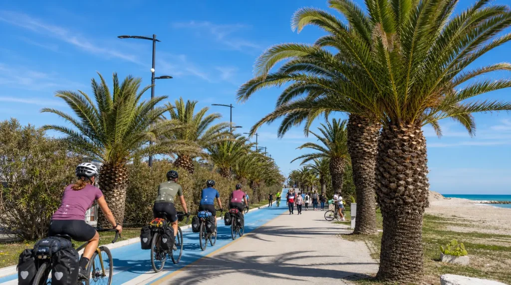 Gruppo di cicloturisti con borse da bikepacking pedala sulla pista ciclabile costeggiata da palme della Ciclovia Adriatica