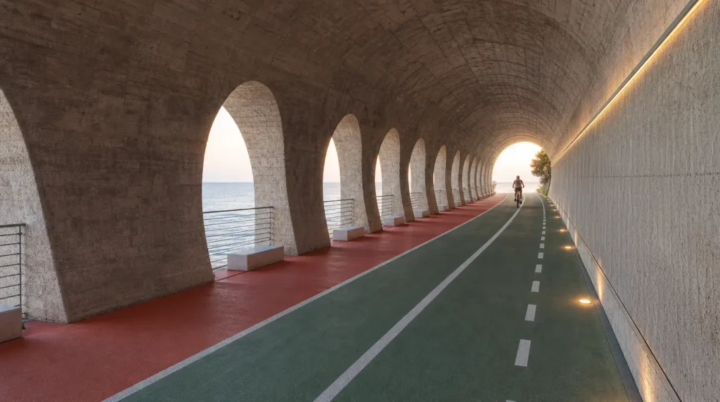 Ciclista attraversa una galleria panoramica con archi affacciati sul mare lungo la Ciclovia Adriatica al tramonto