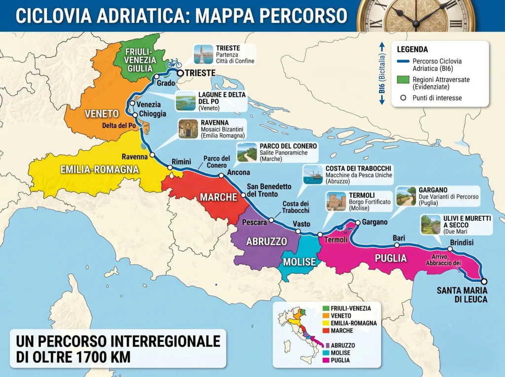 Mappa della Ciclovia Adriatica da Trieste a Santa Maria di Leuca con le 7 regioni attraversate e i principali punti di interesse
