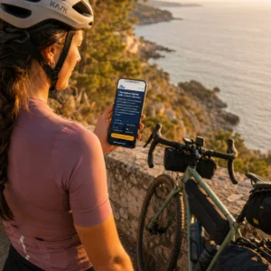 Cicloturista consulta la piattaforma digitale Ciclovia Adriatica sullo smartphone durante una sosta panoramica sulla costa