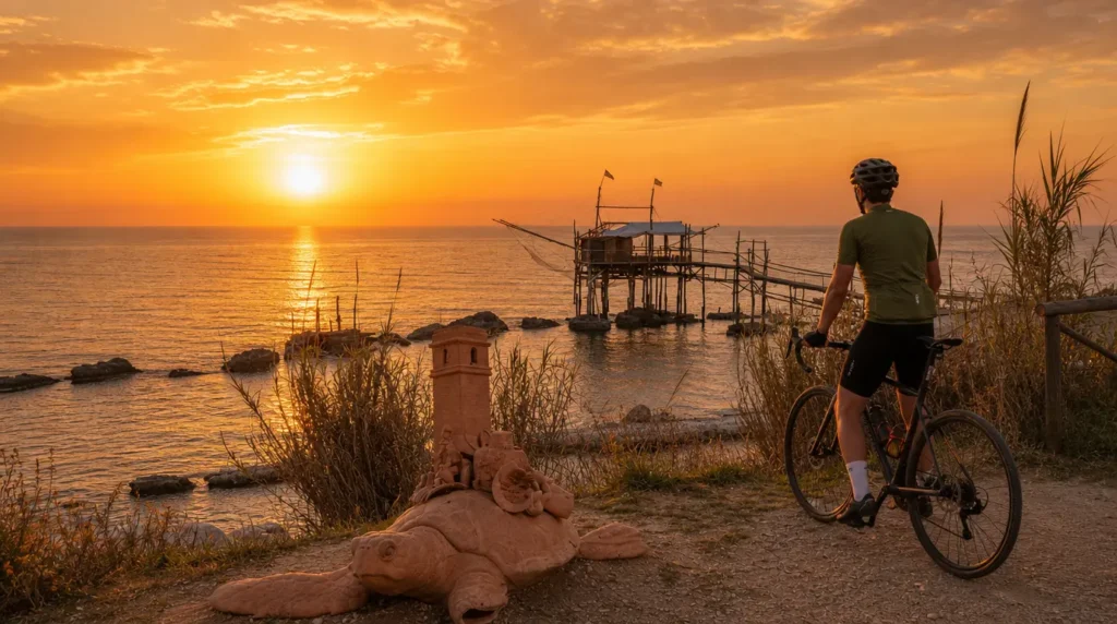 Ciclista in sosta davanti a un trabocco abruzzese al tramonto lungo la Via Verde della Costa dei Trabocchi